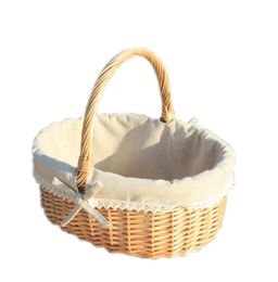 Hand-Woven Oval Picnic Basket Lined With Plaid Lining Easter Basket,White&Small