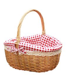 Hand-Woven Picnic Basket Oval Basket Lined With Plaid Lining Easter Basket,Small