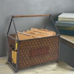 Wood and Metal Frame Basket with Handle and Typography, Brown and Gray(D0102H7LX3W)