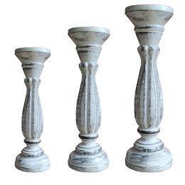 Handmade Wooden Candle Holder with Pillar Base Support, Distressed White, Set of 3(D0102H7Q4V7)