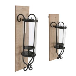 DunaWest 21 Inch Industrial Wall Mount Wood Candle Holder With Glass Hurrican, Set of 2, Black