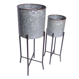 DunaWest Galvanized Plant Stand with Corrugated Design and Metal Frame, Set of 2, Antique Silver