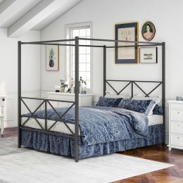Metal Canopy Bed Frame, Platform Bed Frame with X Shaped Frame, Queen Black RT