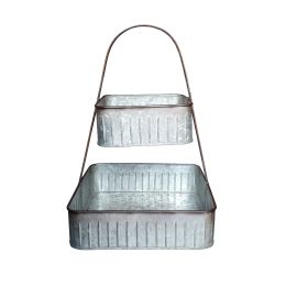 2 Tier Square Galvanized Metal Corrugated Tray with Arched Handle, Gray