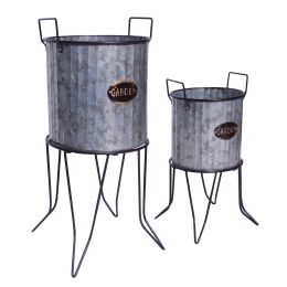 DunaWest Galvanized Plant Stand with Corrugated Design and Metal Frame, Set of 2, Metallic Gray